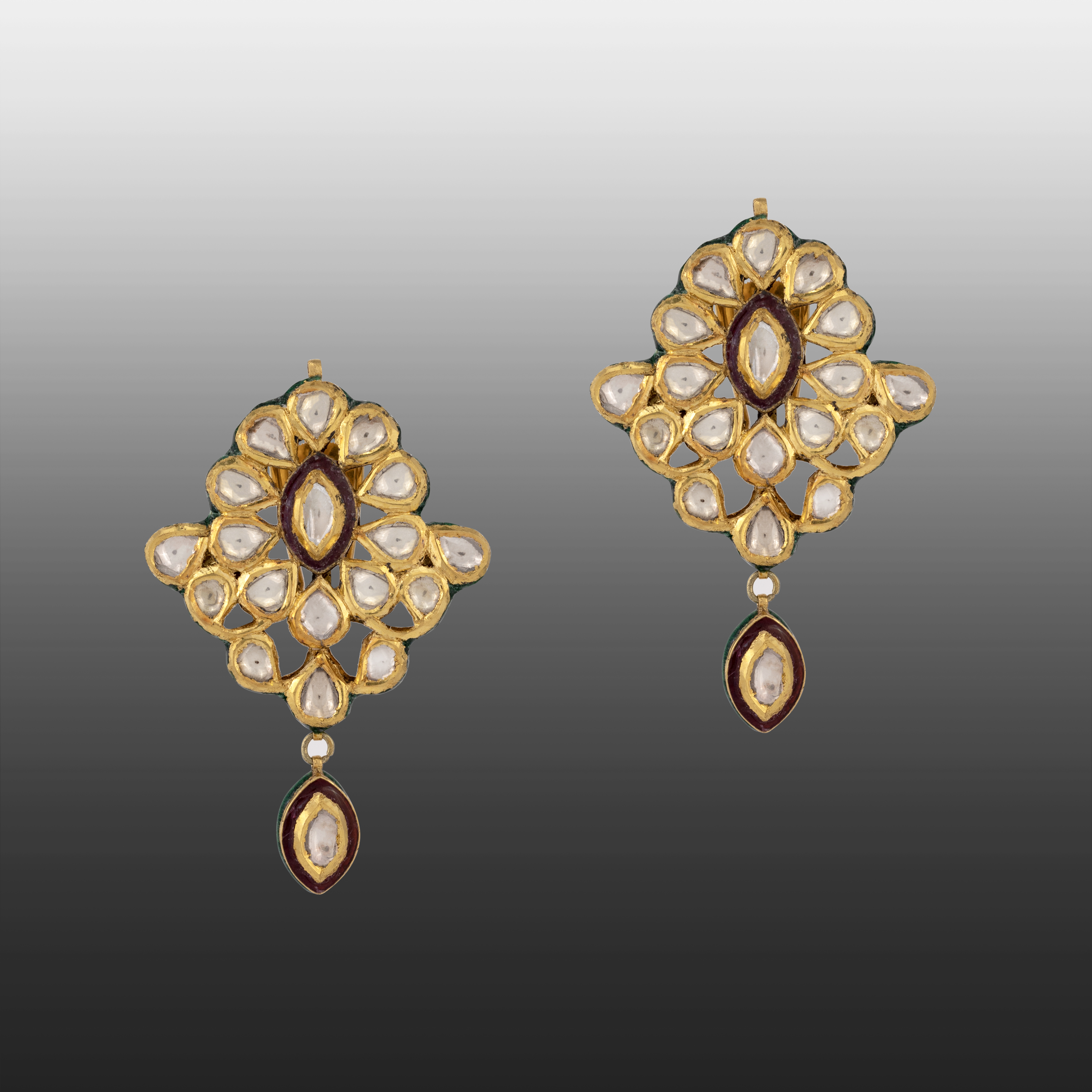 Floral Polki Earrings with Green and Red Meenakari